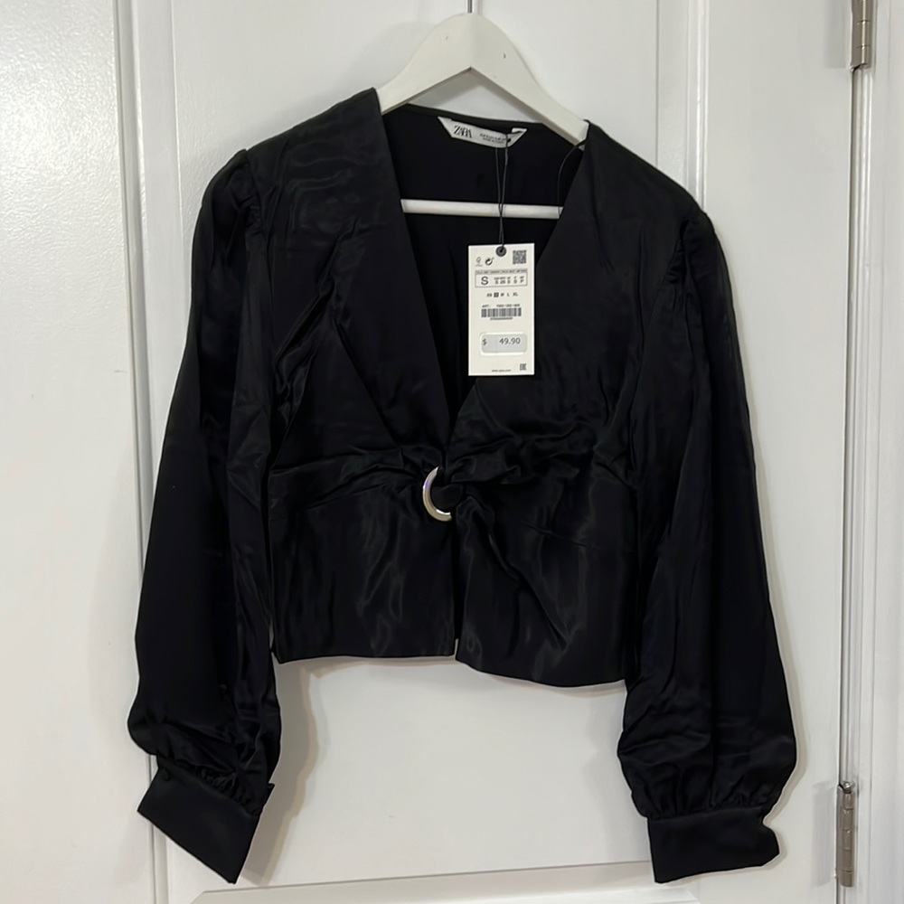 Zara Ring Trim Satin Effect Top Black Size S 7563263800
